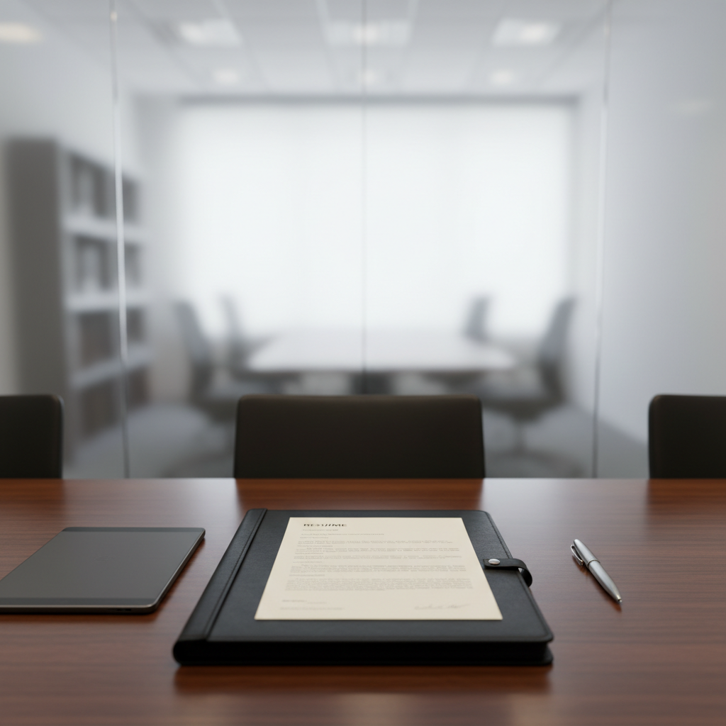 A polished conference-room table in dark walnut finish with a single printed résumé centered on a classic black leather portfolio, flanked by a closed tablet and a slim metal pen aligned perfectly. In the background, slightly out of focus, stands a frosted-glass wall with faint silhouettes of office furniture, conveying a corporate environment without showing people. Overhead recessed lighting casts soft, even illumination, producing subtle reflections on the table surface and the pen. The composition uses a centered, symmetrical layout with medium depth of field, evoking a serious yet optimistic mood, ideal for illustrating interview preparation and high-stakes career moments.
