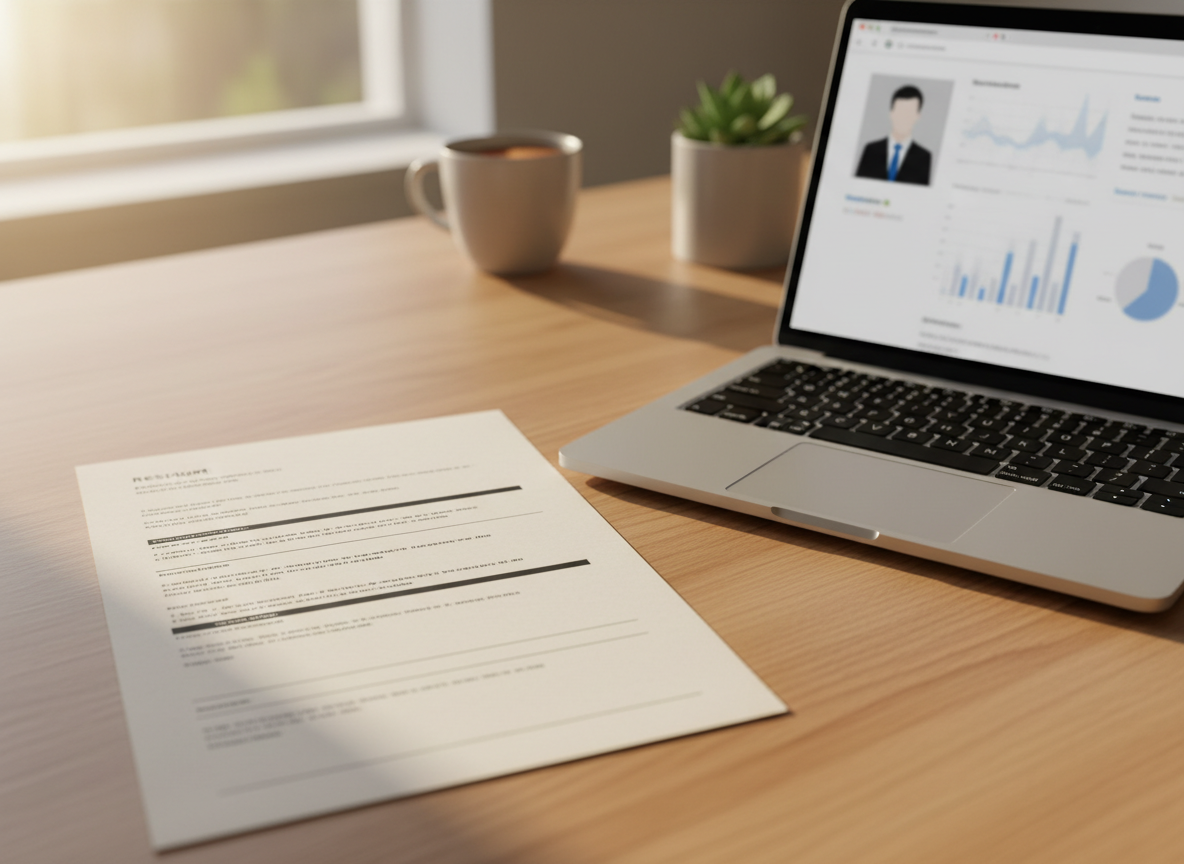 A close-up, photographic image of a detailed résumé spread across a warm, light-wood table, with structured sections and clean lines visible but no readable text. Next to it, an open laptop displays a blurred LinkedIn-style profile layout, emphasizing a professional headshot silhouette and graphs without real names or logos. Soft afternoon light from an unseen window washes across the surfaces, highlighting the texture of the paper and keyboard. Shot from a slightly elevated angle with rule-of-thirds composition, the image feels analytical yet approachable, suggesting careful résumé review and online profile optimization in a calm, modern home office setting.