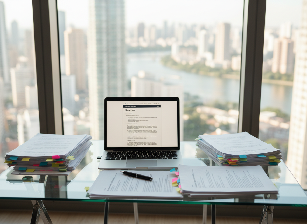 A sleek, modern glass-topped desk with a slim silver laptop open to a résumé draft, surrounded by neatly stacked printed pages marked with colored sticky tabs and a fine-tip pen resting on the keyboard. The workspace sits near a large apartment window overlooking a soft-focus city skyline. Late-morning natural light pours in, creating gentle reflections on the glass surface and subtle shadows from the paper edges. Photographic realism at eye level, with a shallow depth of field that keeps the résumé pages crisply in focus while the background falls into a smooth bokeh. The atmosphere feels focused, organized, and encouraging, ideal for a career coaching homepage hero image.